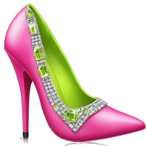 Realistic isolated top view of a pair of hot pink to lime green pointed toe high heel shoes with diamonds on them. emoji