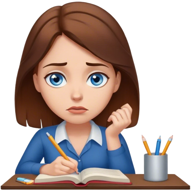 female writer, romantic, with brown hair, fair skin and blue eyes writing a book with a worried face emoji