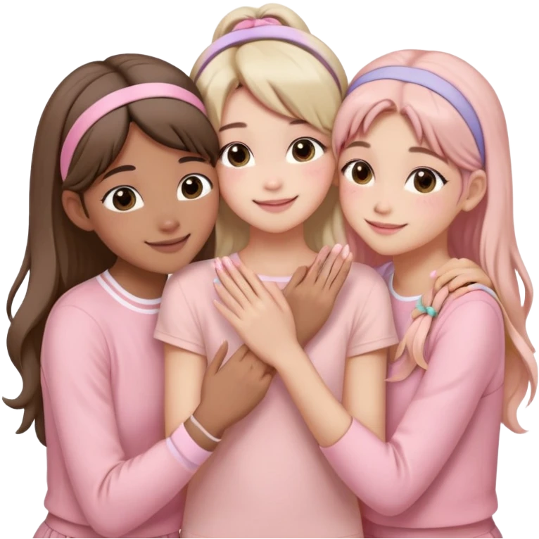 Four girls hugging each other, all wearing soft pink clothes, two with long hair and two with shoulder-length short hair, smiling, with hair accessories like headbands or ribbons, pastel color palette, soft shading, make someone pose with two fingers and someone kisses his cheek emoji