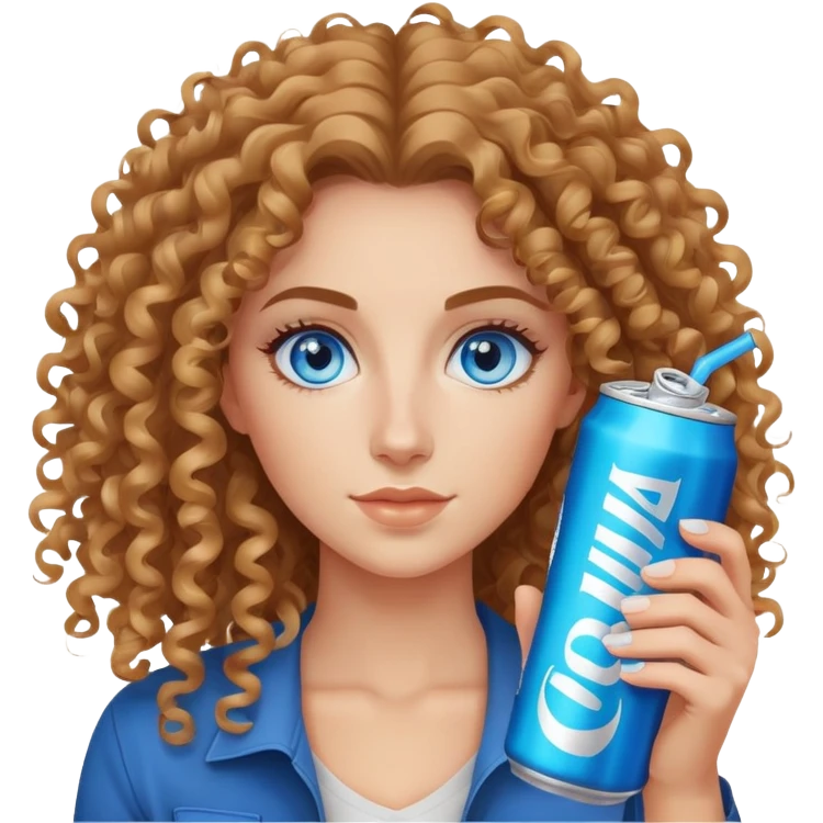 Curly haired, Blue eyed woman holding one alani energy drink can, no straw simple, long hair emoji