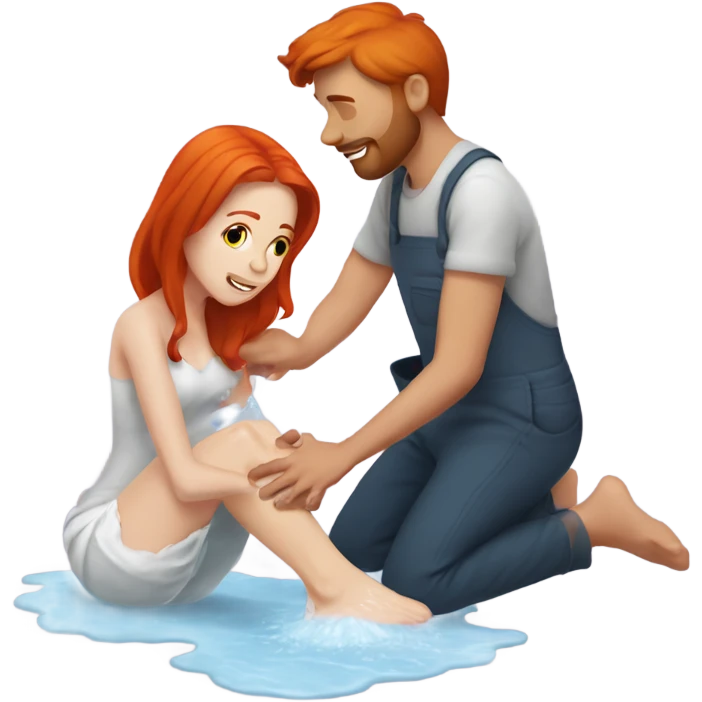 Man washing redhead woman’s feet emoji