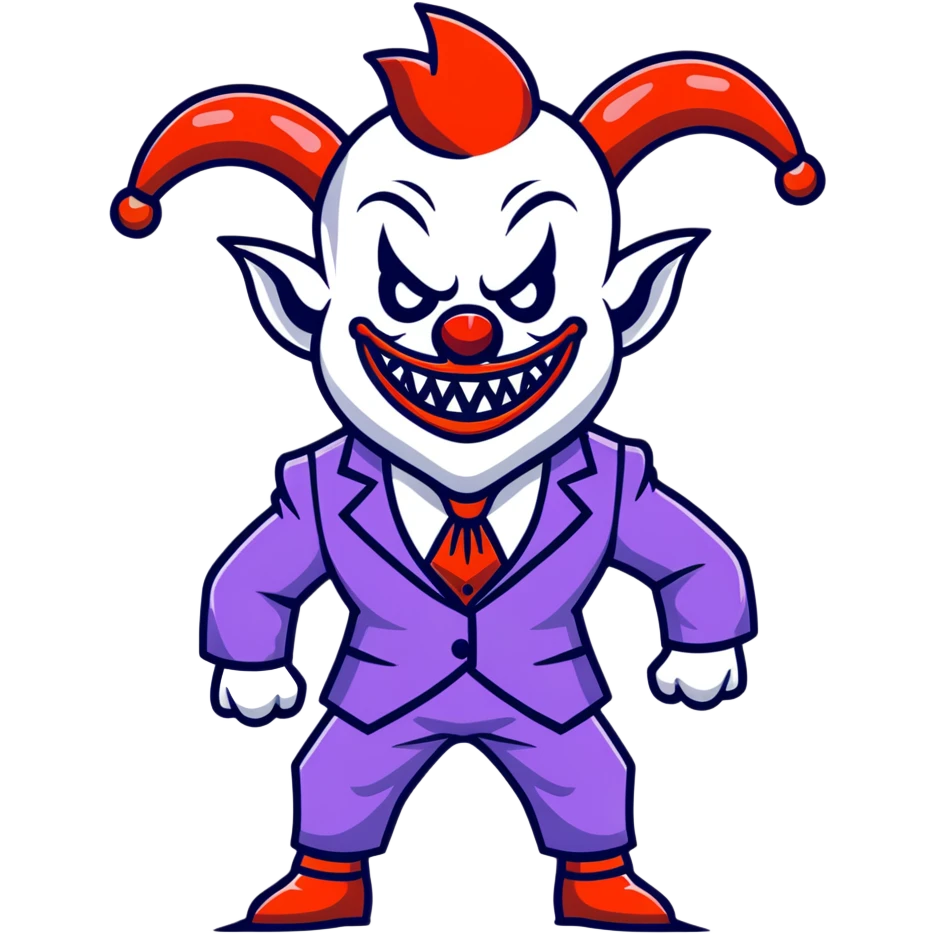 evil clown in a leisure suit with billy goat horns, fangs, pointed ears, standing in a fighting posture, battle-ready soldier emoji