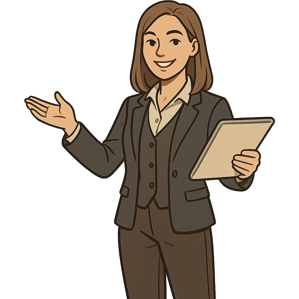 confident female character with straight light brown hair just below shoulders, smiling, wearing academic-inspired outfit with smart blazer or vest, light blouse, comfortable pants, standing like quest guide or mentor, holding a scroll or digital tablet emoji
