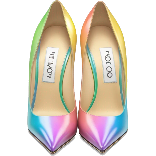 Realistic isolated top view of a pair of pastel rainbow jimmy Choo stiletto high heel shoes. emoji