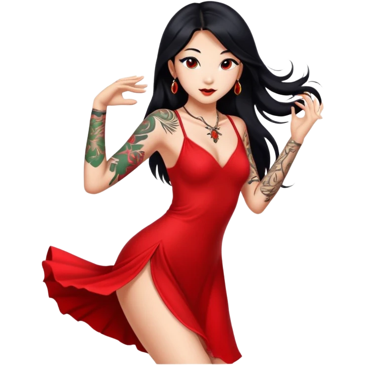 Beautiful Asian girl with long black hair and body tattoos wearing sexy red dress dancing emoji