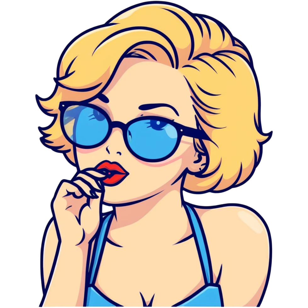 Pretty blonde pinup, blue eyes, wearing black glasses blowing a kiss  emoji