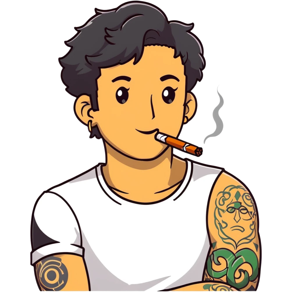 Italian man with tanned skin, curly black hair in short bob style, stubble, olive eyes, gold earring in left ear, white t-shirt, black tattoo on forearm, smoking cigarette emoji