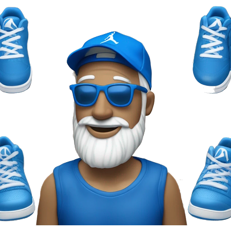 Homme de couleur blanche avec une barbe naissante portant des lunettes bleues , une casquette bleu , un survêtement Jordan bleu et des baskets bleues  emoji