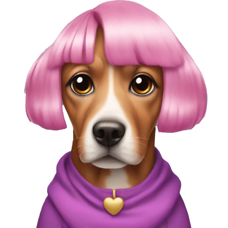 Dog with pink wig purple dress emoji