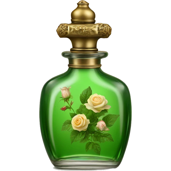Green magic old Antique oil perfume bottle with herbal and rose flowers emoji