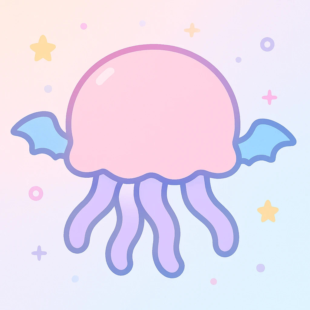 kawaii style jellyfish with no face, pastel dreamy colors, with mini bat wings emoji