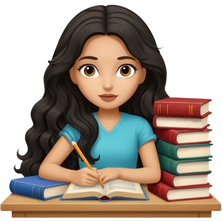 a pretty tan bratz girl with black wavy long hair studying. Pile of books on the table. No glasses emoji