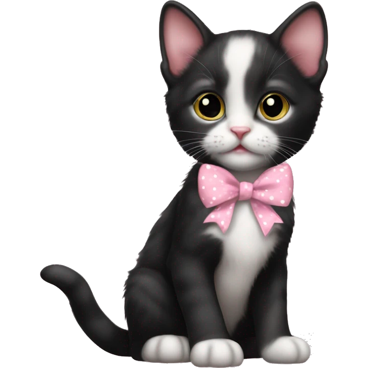 Baby Full body Tuxedo kitten with a pink polka dot ribbon Hazel eyes emoji