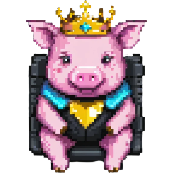simple minimal pixel art pig with a golden crown sitting on a throne, blocky and square like Minecraft emoji