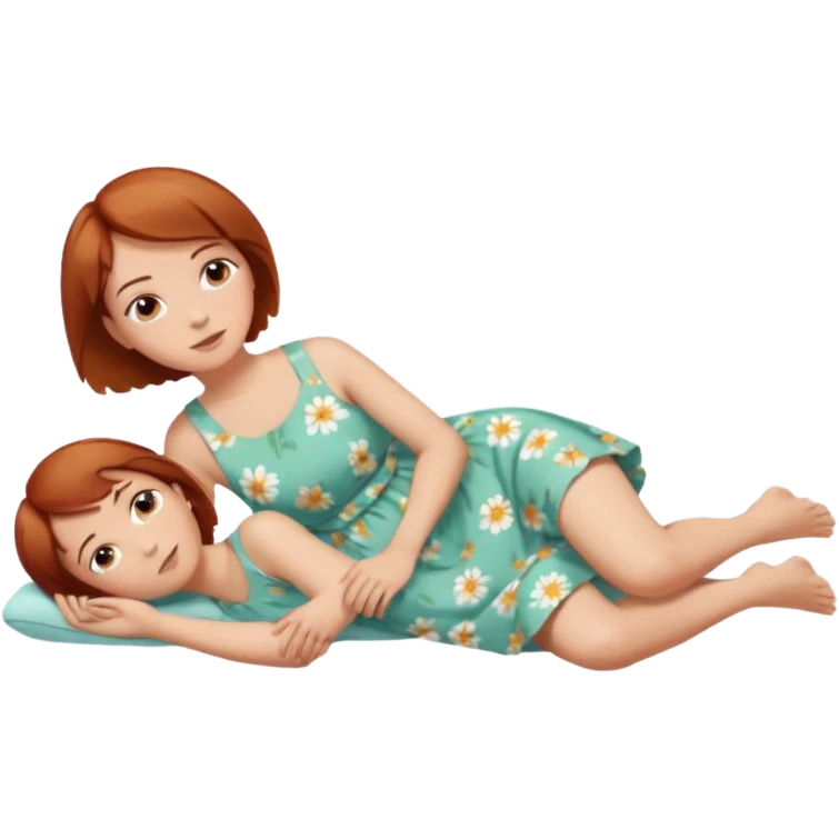 a woman, alone, short hair, light skin, auburn hair, laying on her side, full body is visible, feet are down. do not include other people, faces, or characters emoji