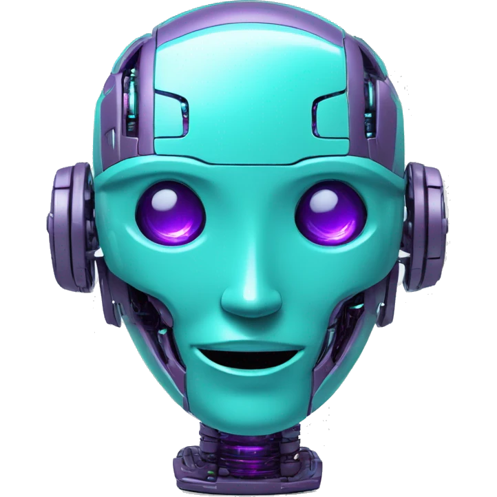 Smily face robotic scanning device, cyberpunk, cyan and purple colors, friendly, futuristic, binary code emoji
