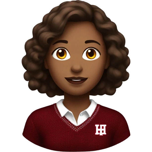 Girl with tannish white skin and brown hair wearing a dark red and white sweater with the Harvard University logo on it emoji
