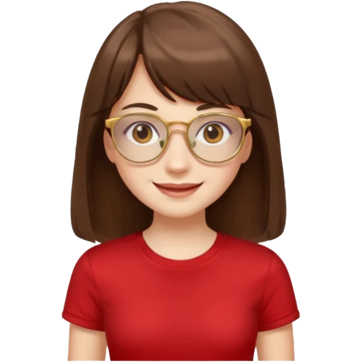 chica con piel blanca sonriendo, ojos marrones y pelo marrón largo hasta la cintura con flequillo y lentes dorados con remera roja. emoji