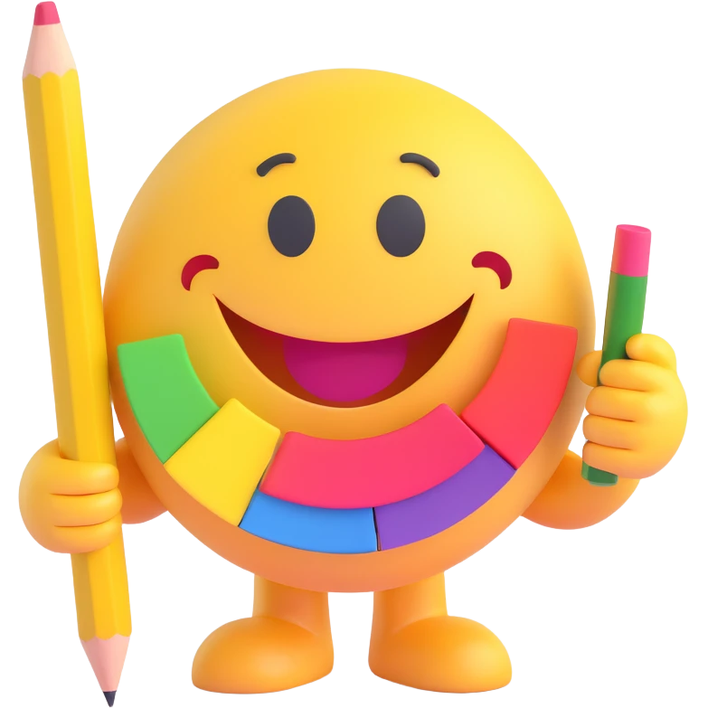 3D smiley emoji, round shape, interior designer with color swatch and pencil, text 'Belsőépítész' emoji