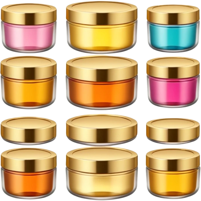 Varios produtos de beleza com tampa dos potes dourados e fundo transparente pra usar como figurinha emoji