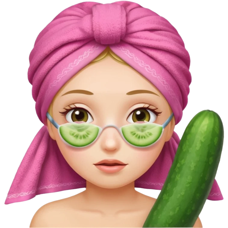 Girl with cucumbers on her eyes and a pink towel on her head emoji