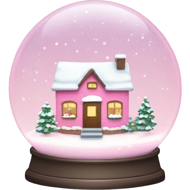 Little pink snow globe with a cozy cottage inside and snow falling emoji