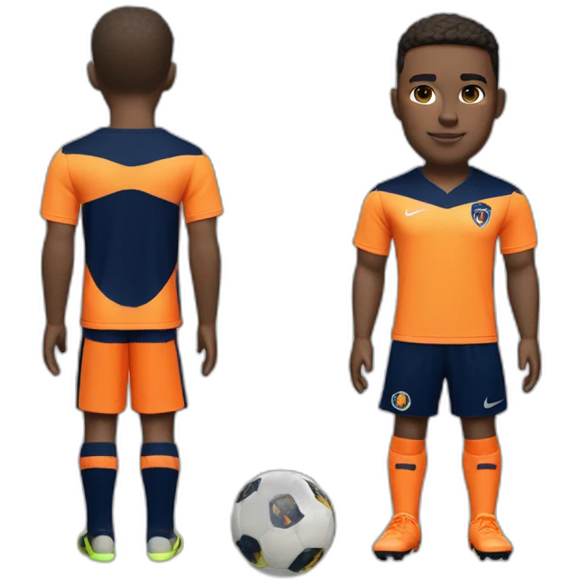 Light skinned Soccer player in tangerine top with navy sleeves, navy shorts with tangerine flash, navy socks with tangerine flash  and orange kit emoji