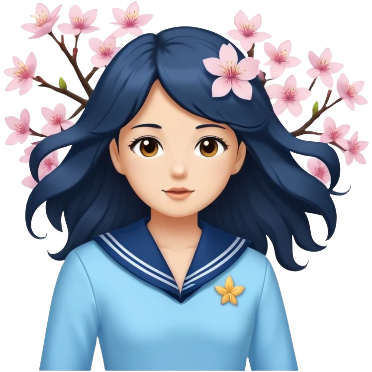  A white girl with a Black long hair, and a baby blue sailor suit, enjoying the spring breeze，Wearing cherry blossoms on your hair emoji
