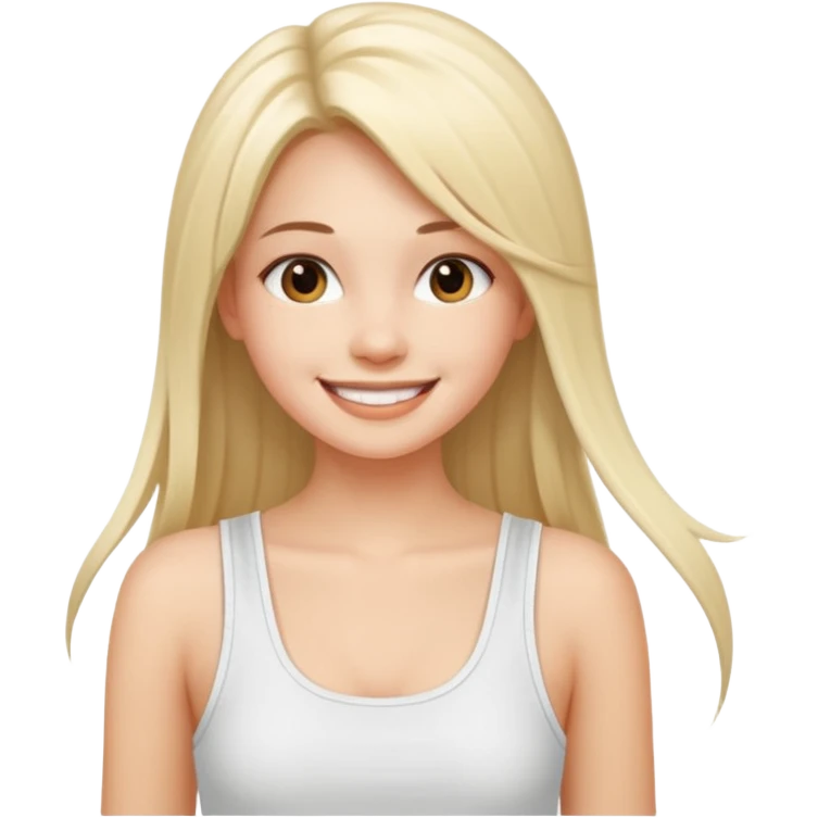 a pretty bratz fair girl with straight long hair, wearing a white noodle strap tank top, smiling emoji