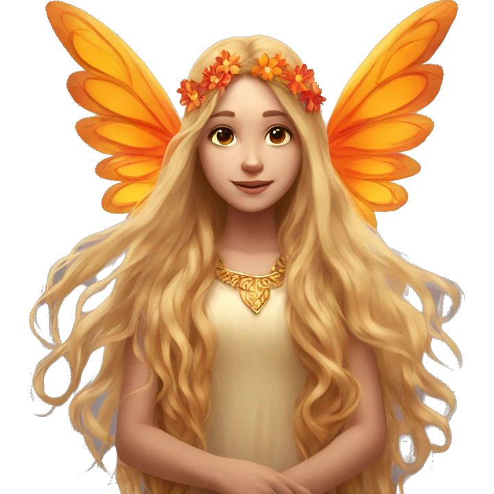big wings, flower, Beautiful, fairy, gold, orange,red, long hair emoji