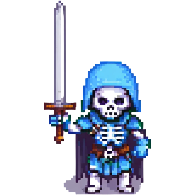 skeleton warrior wielding a sword, pixel art style emoji