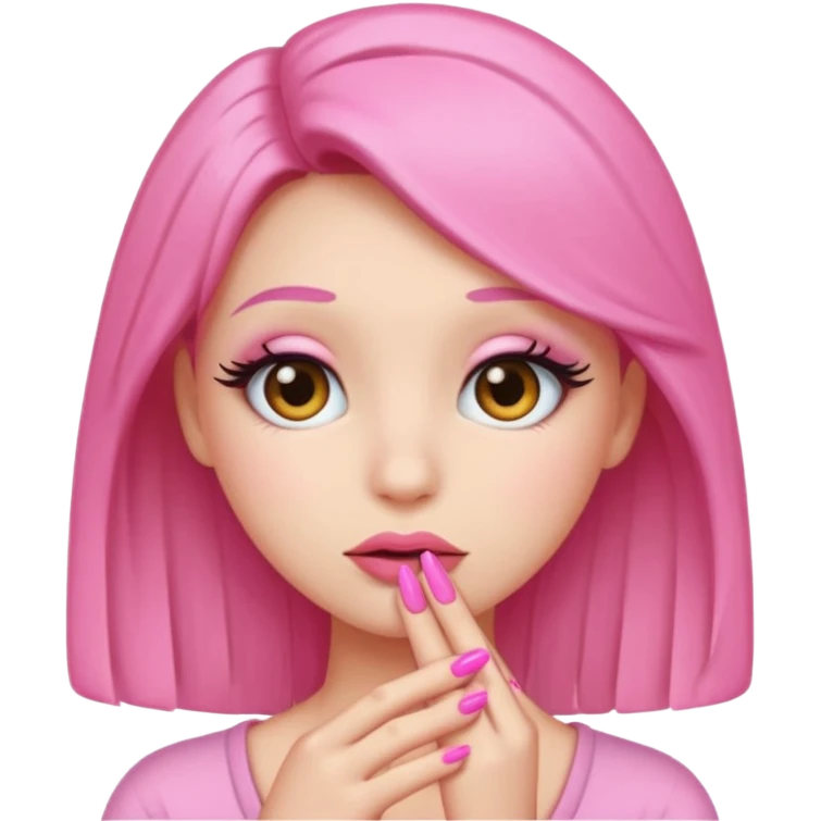 Shy emoji with long lashes, pouty lips, and pink nails on a black background, cute aesthetic emoji