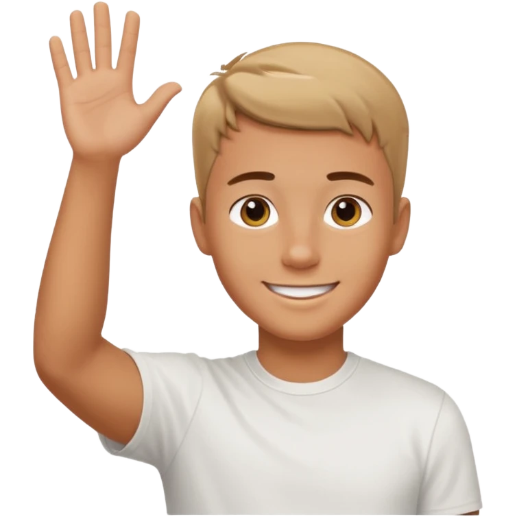 joven bronceado corte de pelo muy cortito polera blanca sonrisa bonita saludando mano arriba emoji