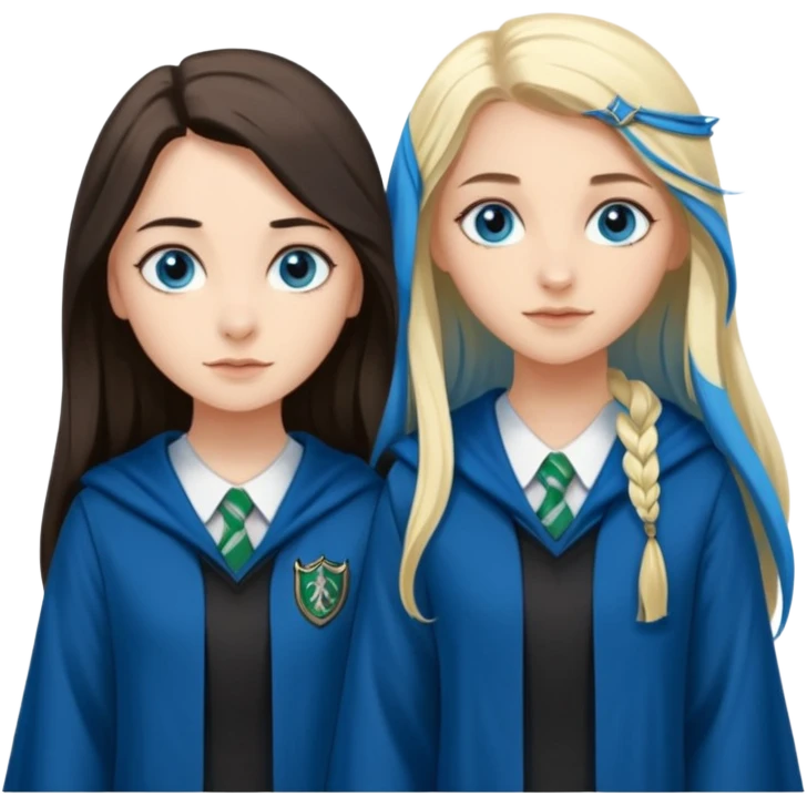 a pretty ravenclaw girl with long dark brown hair and blue eyes standing with a pretty Slytherin girl with long blonde hair, blue eyes emoji
