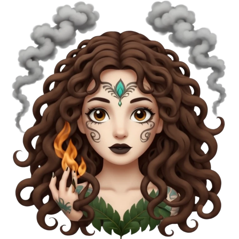 woman with long curly brown hair, brown eyes, white skin, tattoos, forest spirits shaped like smoke animals circling her emoji