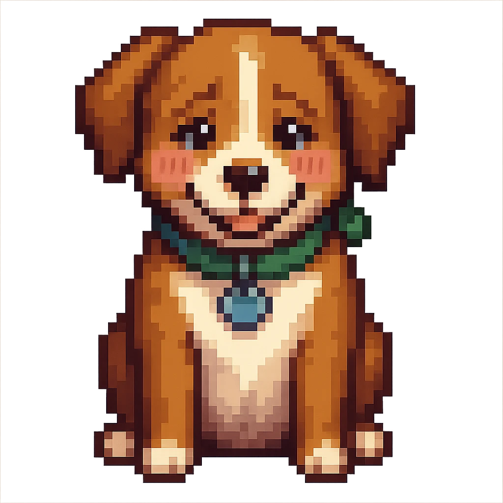 A shy smiling dog with blushing pink cheeks, pixel art style, transparent background. emoji