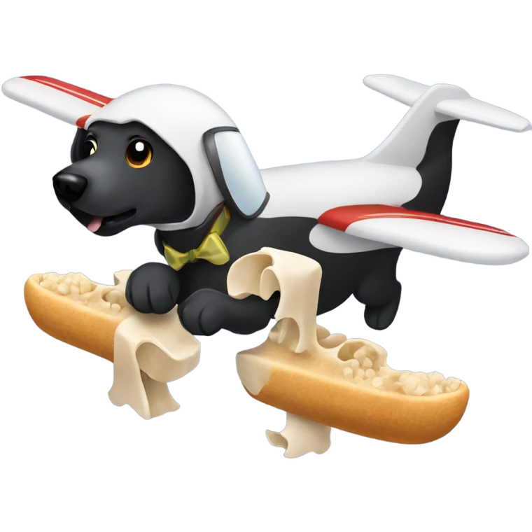 A black Labrador retriever eating a bone on a flying airplane emoji