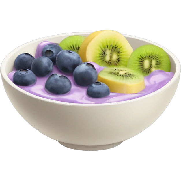 bowl with purple yogurt and banana and blueberries and kiwi fruits emoji