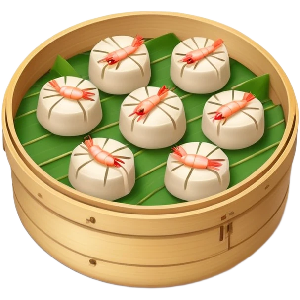 Cantonese dim sum bamboo steamer with shrimp dumplings, simplified emoji style with bold outlines and bright colors, cartoon style Chinese dim sum emoji