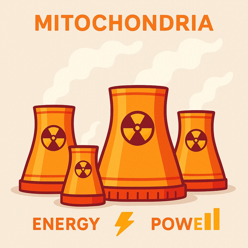 mitochondria represented exclusively as nuclear power plants, with energy and power details, no other objects, bright colors, neutral background emoji
