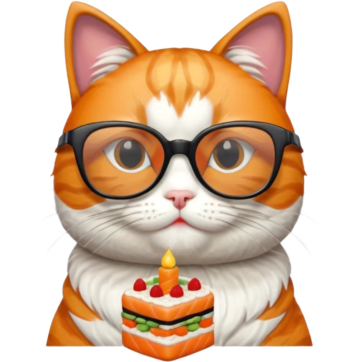cat with cool thick square shaped glasses eating a birthday cake made out of sushi emoji