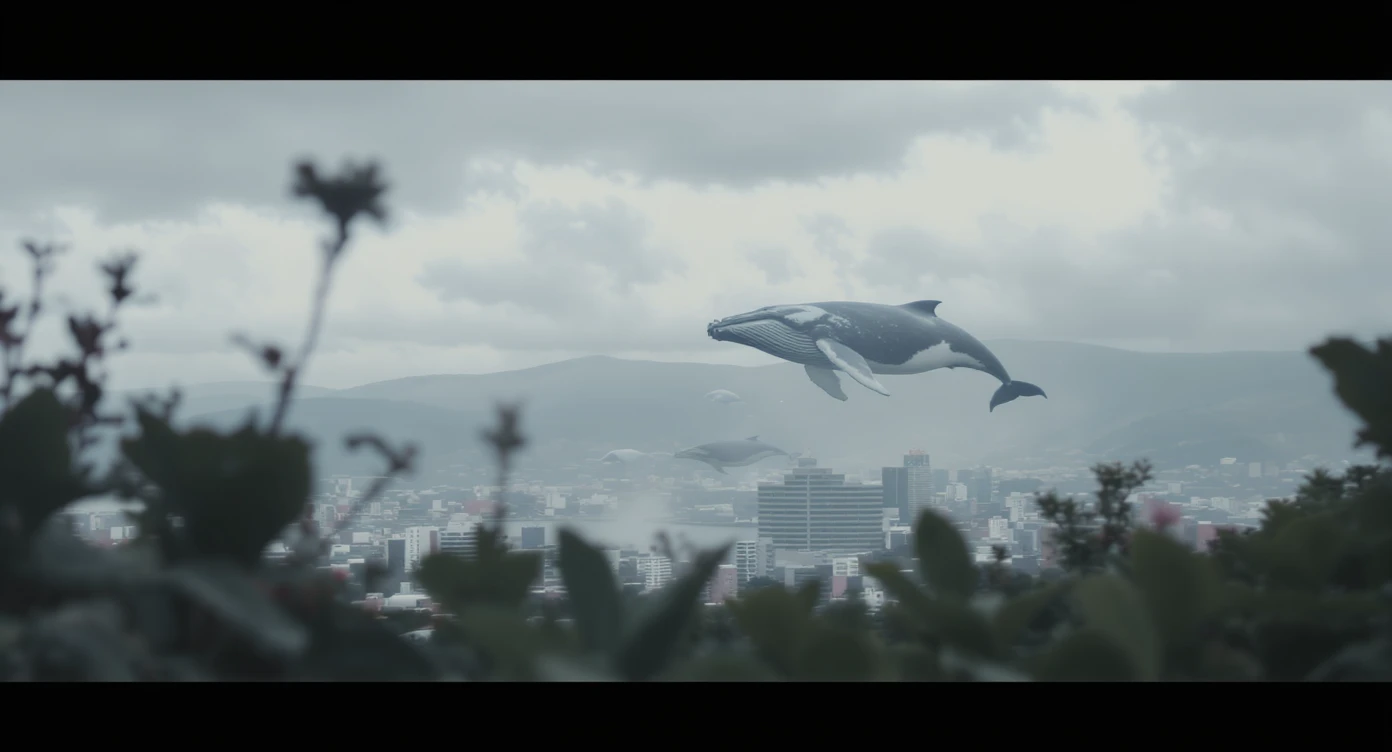 A cinemaatic still of a city, blurred plants in the foreground, huge whales fly above city sky, rolling hills in the background, cinematic depth of field, layered composition, natural lighting emoji