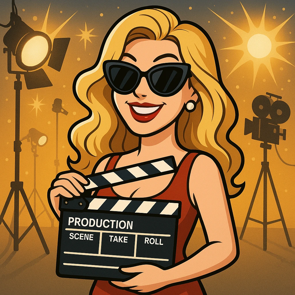 a cartoonish Hollywood film star with sunglasses and a movie clapper emoji