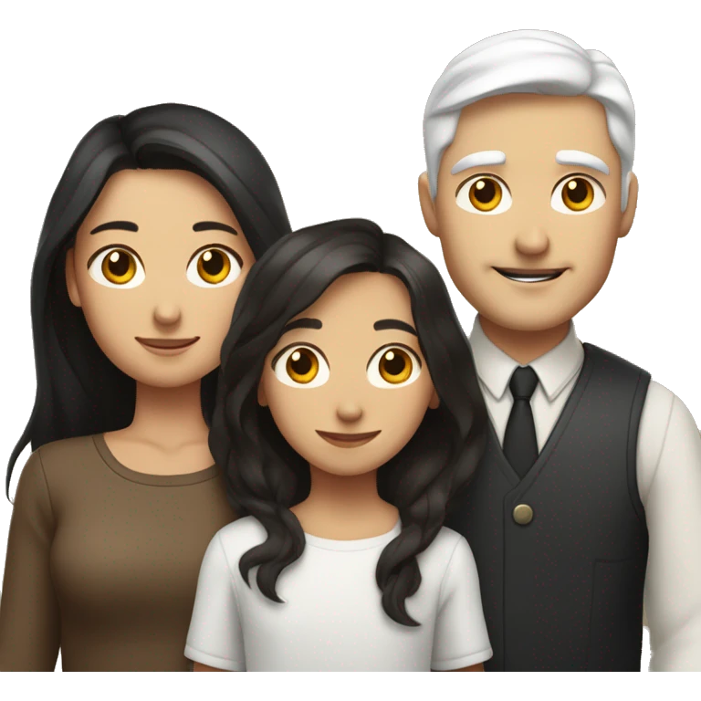  a woman with long brown hair, a man with white hair and a round face, and a young girl with long black hair standing between them, representing a family unit emoji