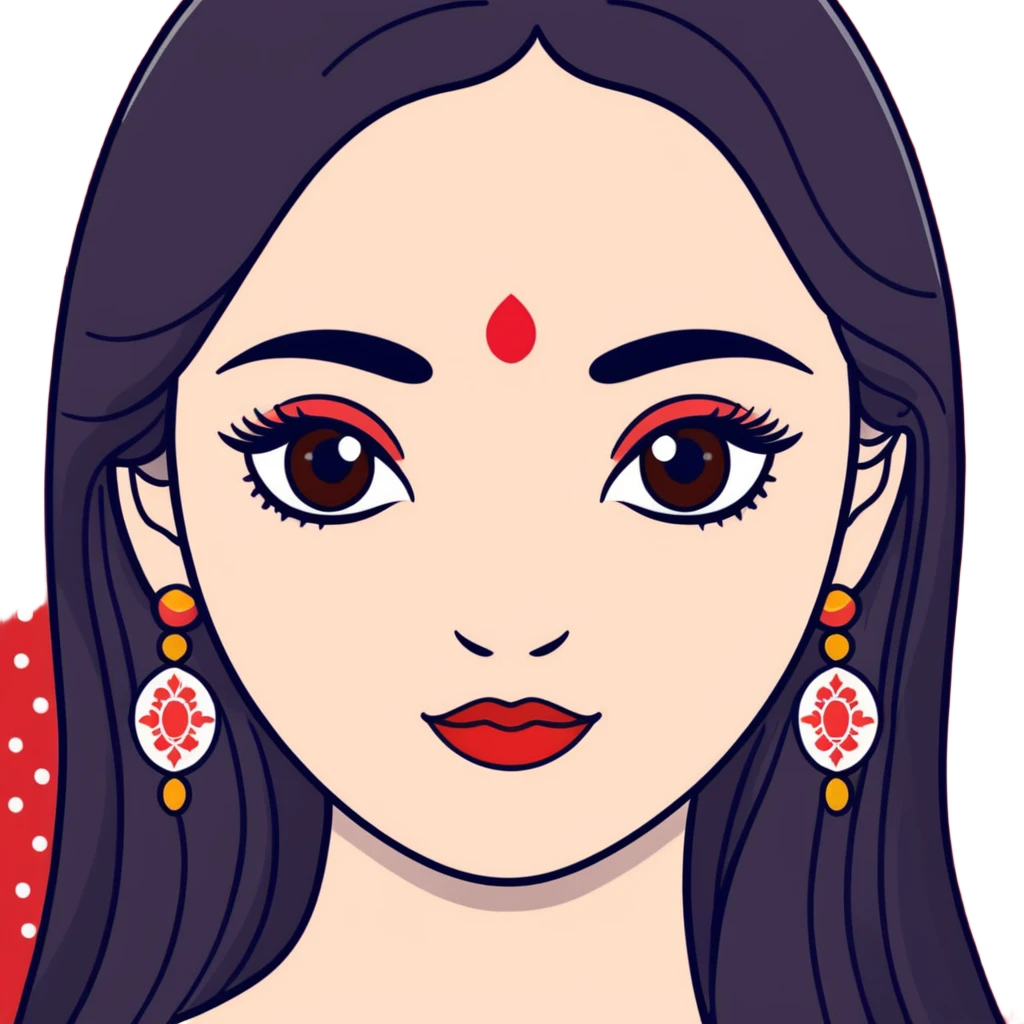White girl with long oval shaped face, large almond shaped eyes with long eyelashes, long straight black hair falling in front of her bare shoulders, face closeup, with intricate patterned red and white gopi dots in a decorative design above eyebrows emoji