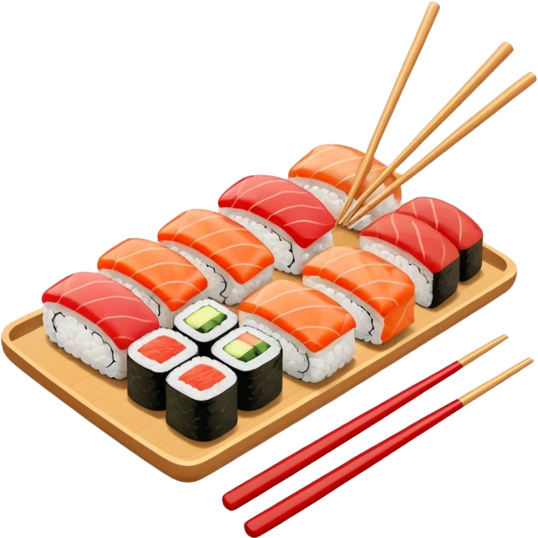 Japanese cuisine humanless avatar in minimalist emoji-style illustration. Sushi and chopsticks, clean lines, red white colors, flat design, calm and modern. emoji