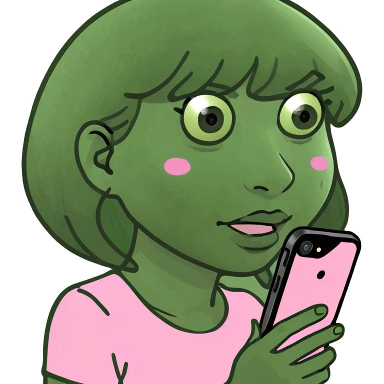 kawaii girl scrolling on pink cell phone emoji