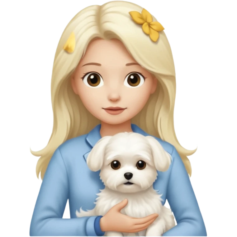 blonde long haired woman holding Maltese dog emoji