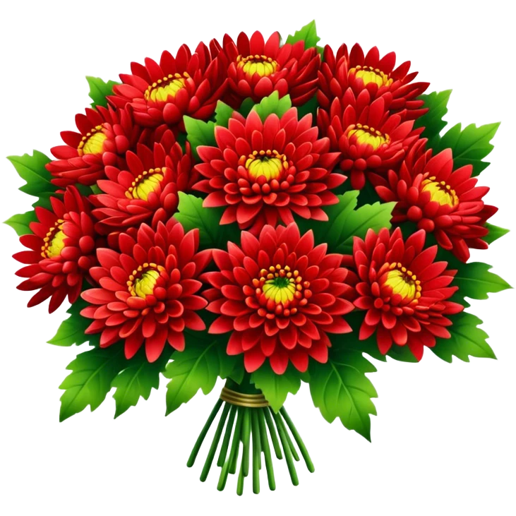 big bouquet Bright Red Chrysanthemum, luxuriant, leaf, bud emoji