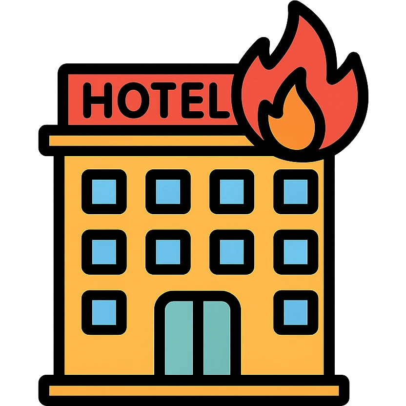 fire hotel, color icon style, clear outlines, simple and recognizable emoji